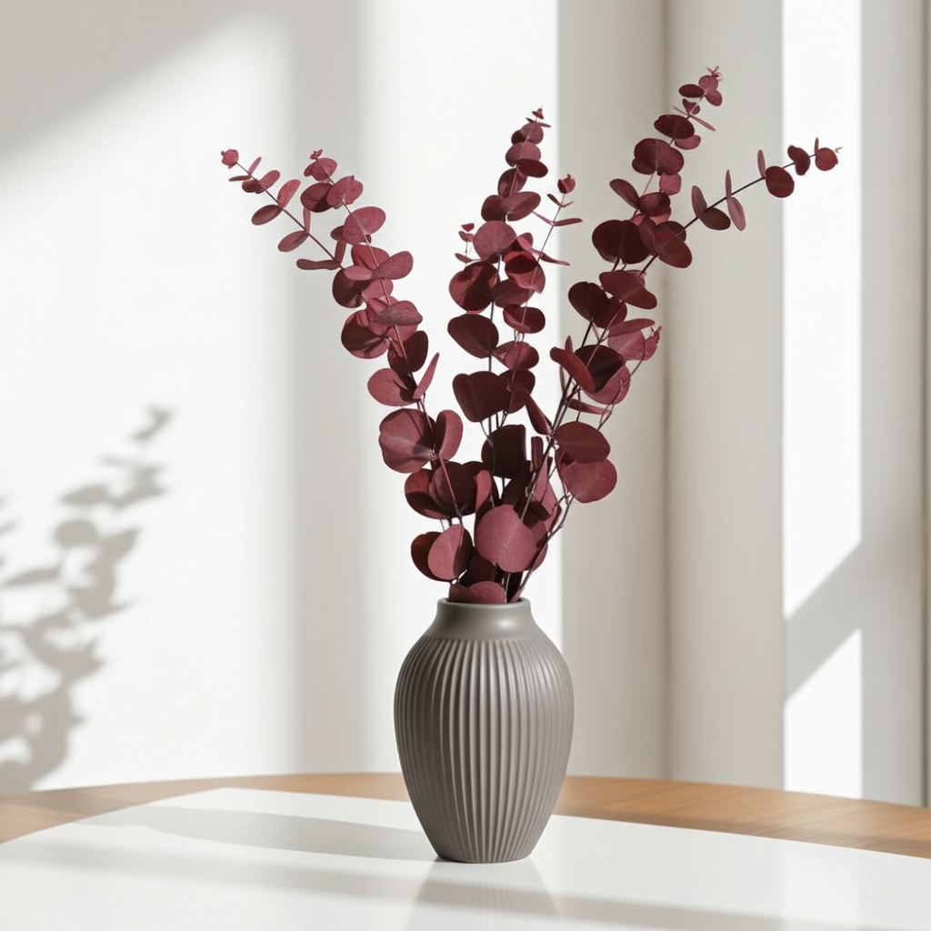 Stabilizovaný Eucalyptus Populus červený ve váze – elegantní a dlouhotrvající dekorace